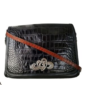 Vintage Brighton Black Croc-Embossed Leather Crossbody Bag